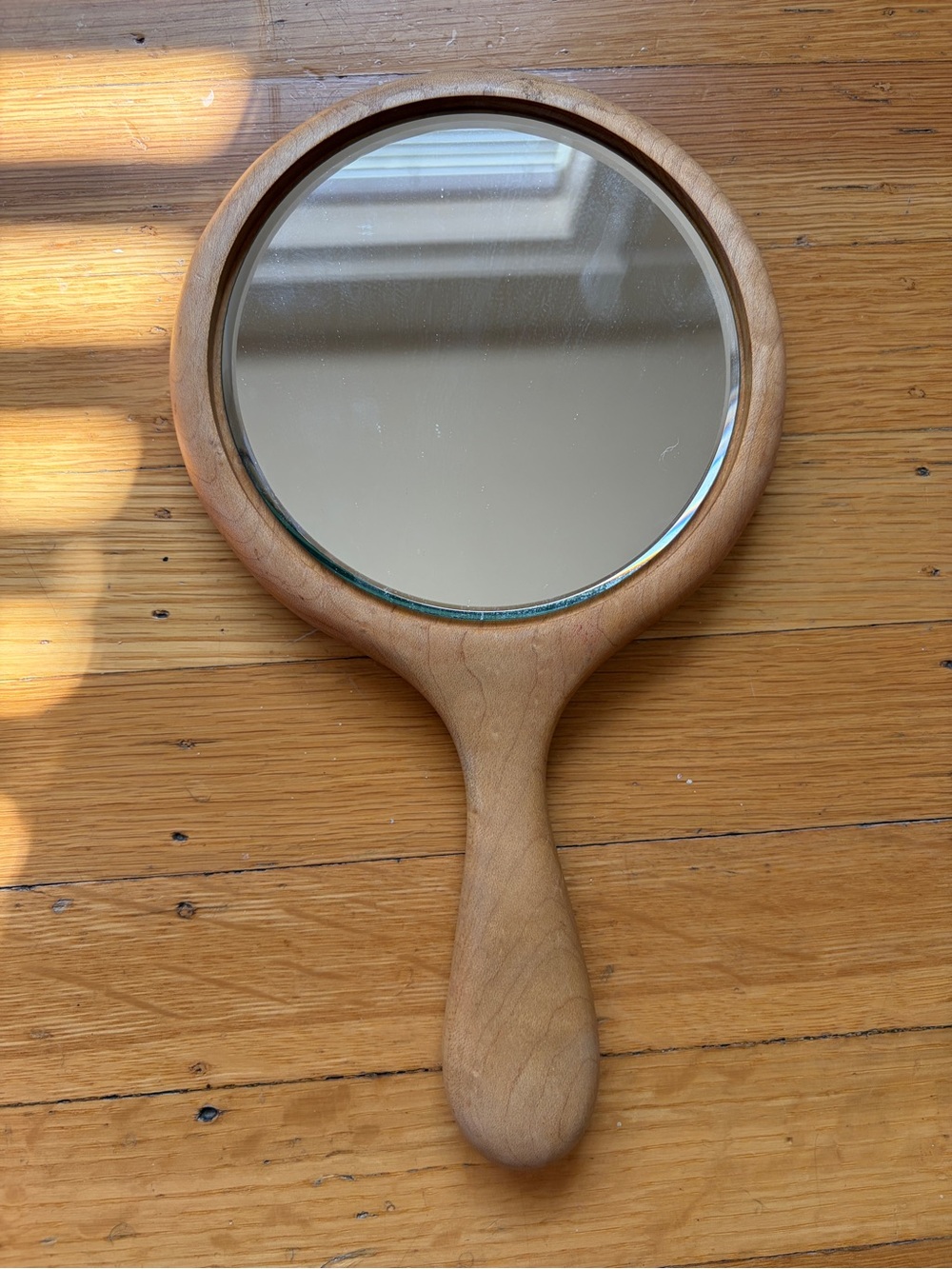 Handcrafted birdseye maple hand vanity mirror modern MCM american made luxe